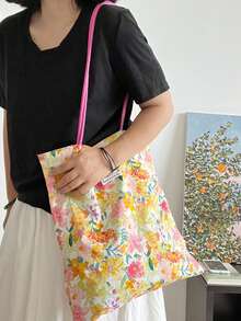 2026 New Summer Ditsy Floral Canvas Bag, Unique Design PU Strap Shoulder Bag, Artistic Commuter Bag For Women - White - View 3
