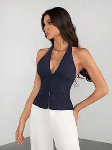Tall Blazer casual de unicolor con cuello en V para mujer, top de traje tejido - Conjunto de otoño vintage seductor de oficina para maestras - Azul marino - Ver 3