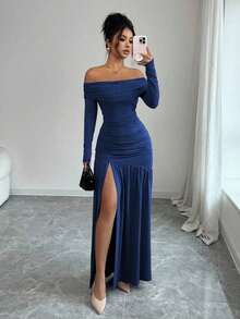 Vestido de punto ajustado de manga larga con hombros descubiertos, elegante y vintage, adecuado para otoño/invierno, Halloween - azul real - Ver 1