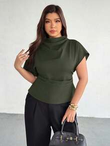 Blusa ajustada con cuello fruncido, manga asimétrica y cintura fruncida con estampado de lunares marrones.Adecuada para ir a trabajar, estilo vintage, elegante, para usar en las cuatro estaciones y para vacaciones en la Riviera Francesa - Verde - Ver 8