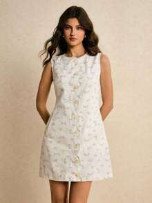 Vestido vaquero para mujer con bolsillos, abertura con botones de onda, vestido recto para mujer con cuello redondo, sin mangas, un solo botón, bolsillo, vestido azul de mezclilla para mujer, vestido azul marino, vestido estilo occidental para mujeres - Blanco - Ver 4