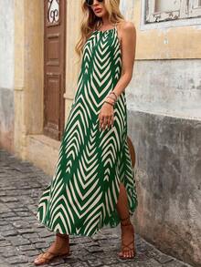 Vestido con estampado, corte con abertura alta, espalda descubierta, atar al cuello y flecos para mujer, vacaciones - Verde - Ver 3