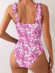 Swim Basics 1 pieza Traje de baño de una sola pieza con estampado sólido y floral y tirantes de espagueti anudados para mujer - Rosa Roja - Ver 2