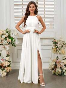 Belle Vestido de dama de honor con cuello de halter de unicolor, cintura imperio y abertura frontal alta.Elegante vestido color púrpura claro para boda. - Blanco - Ver 4