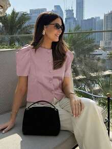 Elegante blusa de mujer de cuello redondo en color marrón, con mangas abullonadas, diseño de cierre con botones delanteros, chaqueta de blazer de manga corta de moda, verano negro - Rosa - Ver 2