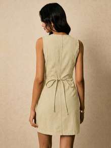 Vestido vaquero informal y de moda con botones delanteros y sin mangas para mujeres - Caqui - Ver 2