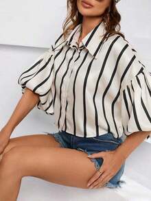 Aveloria Frievida Women's Short Sleeve Button-Down Striped Bishop Sleeve Shirt - Hitam - View 3