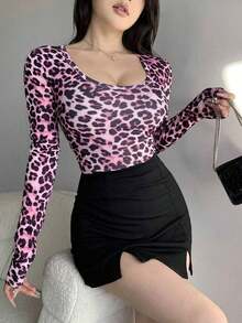 Camiseta de mujer de ajuste ceñido con cuello en U, ropa de otoño con mangas largas para mujer - Rosa - Ver 4