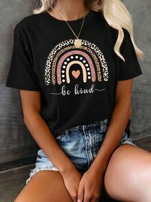 Camiseta con Estampado Gráfico, Manga Corta, Cuello Redondo, Top Casual para Verano y Primavera, Ropa de Mujer - Negro - Ver 1