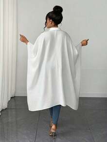Blusa de manga de murciélago con parches de encaje de unicolor casual/de oficina talla grande - Blanco - Ver 3