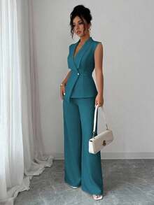 Conjunto de oficina elegante para mujer, compuesto por una chaqueta blazer sin mangas con cuello y bajo asimétrico, con hebilla metálica en la cintura, combinada con pantalones de cintura elástica.Conjunto de 2 piezas elegante para primavera/verano, atuendo formal y de clase para mujer. - Agua verde azul - Ver 6