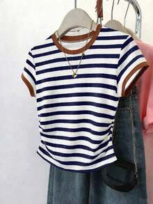 Set de 3 camisetas a rayas para mujer, en negro, blanco y rojo, camisetas versátiles de moda con cintura fruncida, adecuadas para volver al colegio, sesiones de fotos y uso al aire libre - Multicolor 9 - Ver 1