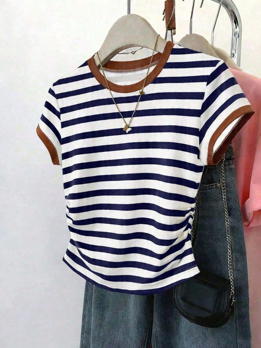 Set de 3 camisetas a rayas para mujer, en negro, blanco y rojo, camisetas versátiles de moda con cintura fruncida, adecuadas para volver al colegio, sesiones de fotos y uso al aire libre - Multicolor 9 - Ver 1