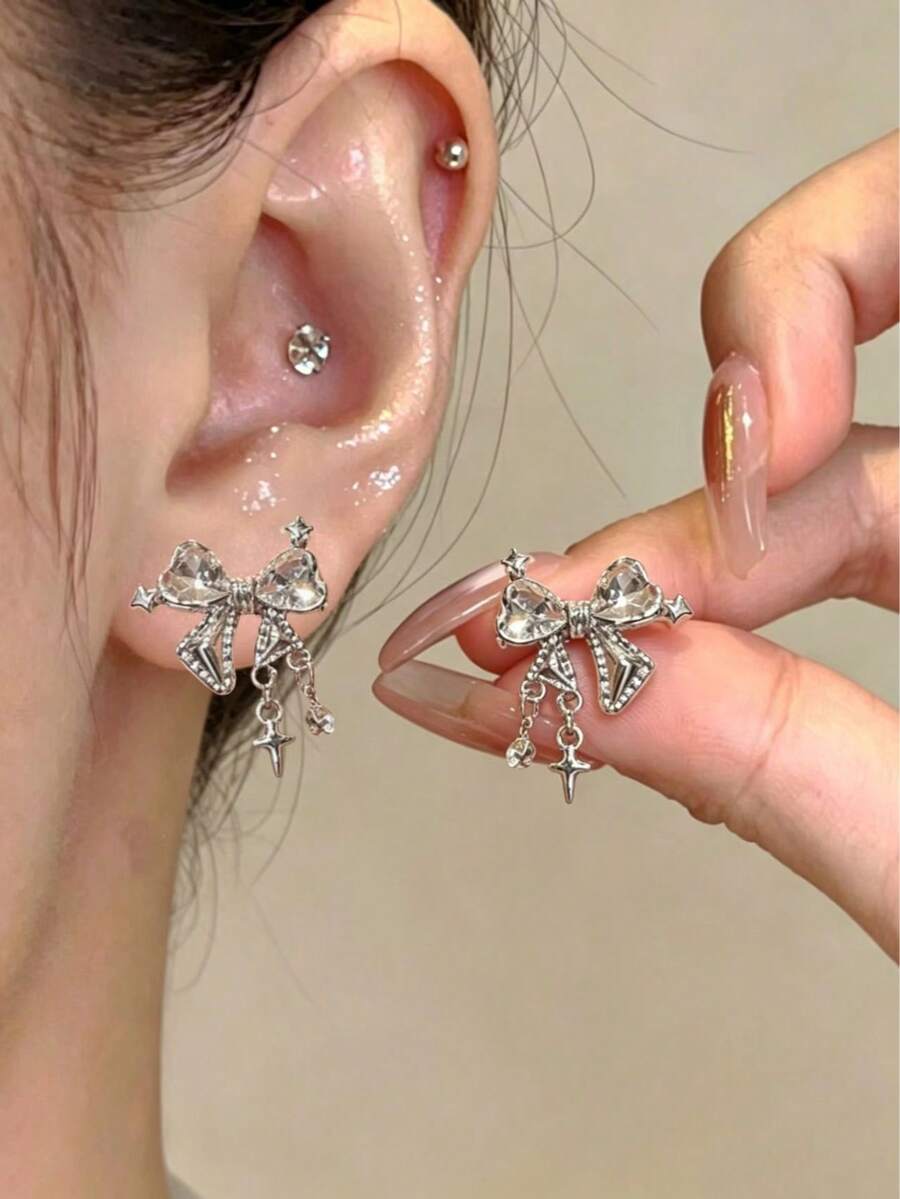 1 Pair Cute Rhinestone Bow & Star Dangle Earrings For Women, Fashion Shiny Daily Wear Party Birthday Gift (Actual Size Larger Than Image) - Multicolor - View 1
