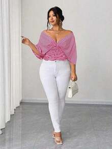 Vestido tipo camisa sin mangas a rayas azul de talla grande, cintura entallada, versátil y elegante - Rosa Fucsia - Ver 3