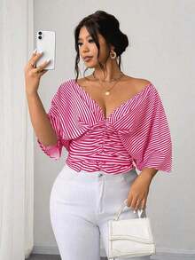 Vestido tipo camisa sin mangas a rayas azul de talla grande, cintura entallada, versátil y elegante - Rosa Fucsia - Ver 7