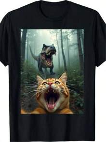 1 Pieza Playera Casual Unisex Estilo TendenciaT-shirt exclusiva con diseño impactante de gato grita en el bosque con dinosaurio estilo y2k perfecta para amantes de la moda divertida y única ideal para destacar en cualquier ocasión disponible en varias tallas 100% algodón suave y cómodo - Negro - Ver 1