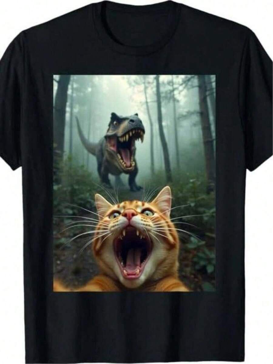 1 Pieza Playera Casual Unisex Estilo TendenciaT-shirt exclusiva con diseño impactante de gato grita en el bosque con dinosaurio estilo y2k perfecta para amantes de la moda divertida y única ideal para destacar en cualquier ocasión disponible en varias tallas 100% algodón suave y cómodo - Negro - Ver 1