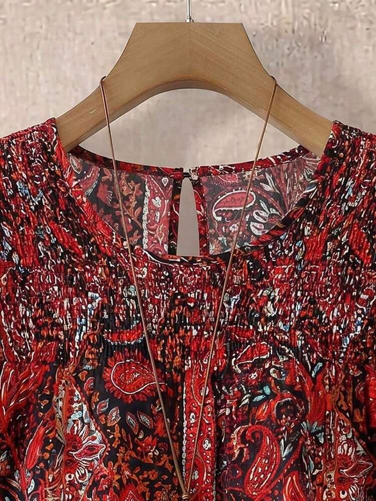 Blusa casual de mujer talla grande de unicolor con cuello redondo, mangas de doble capa, corta, plisada, versátil y de moda para el verano y vacaciones - Rojo - Añade 5