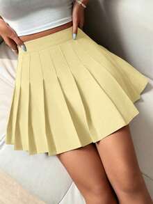 Falda pantalón casual de talle alto con pliegues y rayas para mujer - amarillo ganso - Ver 4
