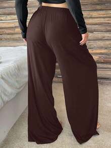 Plus Size Women's Straight Leg Pajama Pants With Elastic Waist And Drawstring, Solid Color Lounge Pants For Autumn And Winter - 棕色 - 查看 8