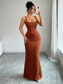 Women Midi Dresses - Mocha Brown - View 4