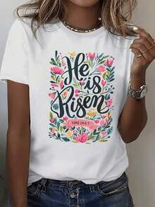 Women's Casual Crew Neck T-Shirt, 100% Cotton, With "He Is Risen" Print, Floral Design, Short Sleeve, Versatile Top For All Seasons - White - View 1