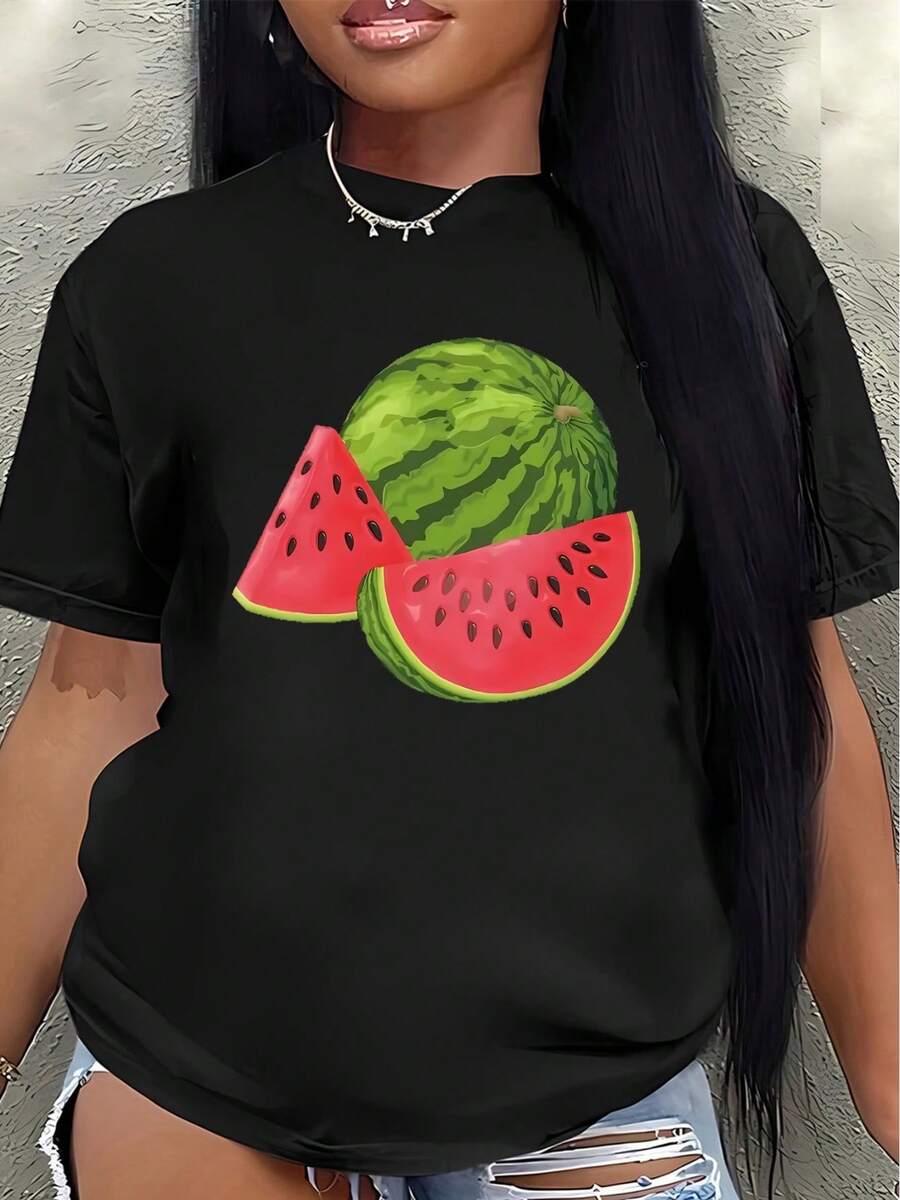 Lightweight And Durable Polyester Short-Sleeved T-Shirt With A Watermelon Print, Suitable For Home, Restaurants, Or Casual Outdoor Wear; Comfortable Fit, Bright Colors, The Perfect Choice For Summer Activities. - 黑色 - 查看 1