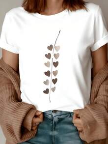 Vertical Branch With Hearts In Warm Tones Symbolizing Love, Unity, And Positive Energy With A Minimalist And Natural Style. Modern, Comfortable, Casual Women's T-Shirt For Everyday Wear. - 白色 - 查看 8