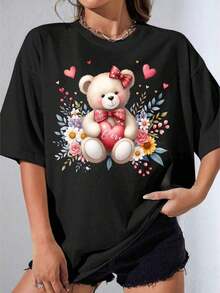 Camiseta Blanca y Negra para Mujer con Estampado de Oso Lindo, Flores y Corazones, para el Día de San Valentín, Casual, para Fiestas al Aire Libre, Estilo Vintage Urbano, Unisex, de Algodón, Manga Corta, Cuello Redondo, Blusas para Mujer. blusas.blusas casuales para dama.Impresión de osos cariñosos.Camiseta estampada Impresión de osos cariñosos. - Negro - Ver 2