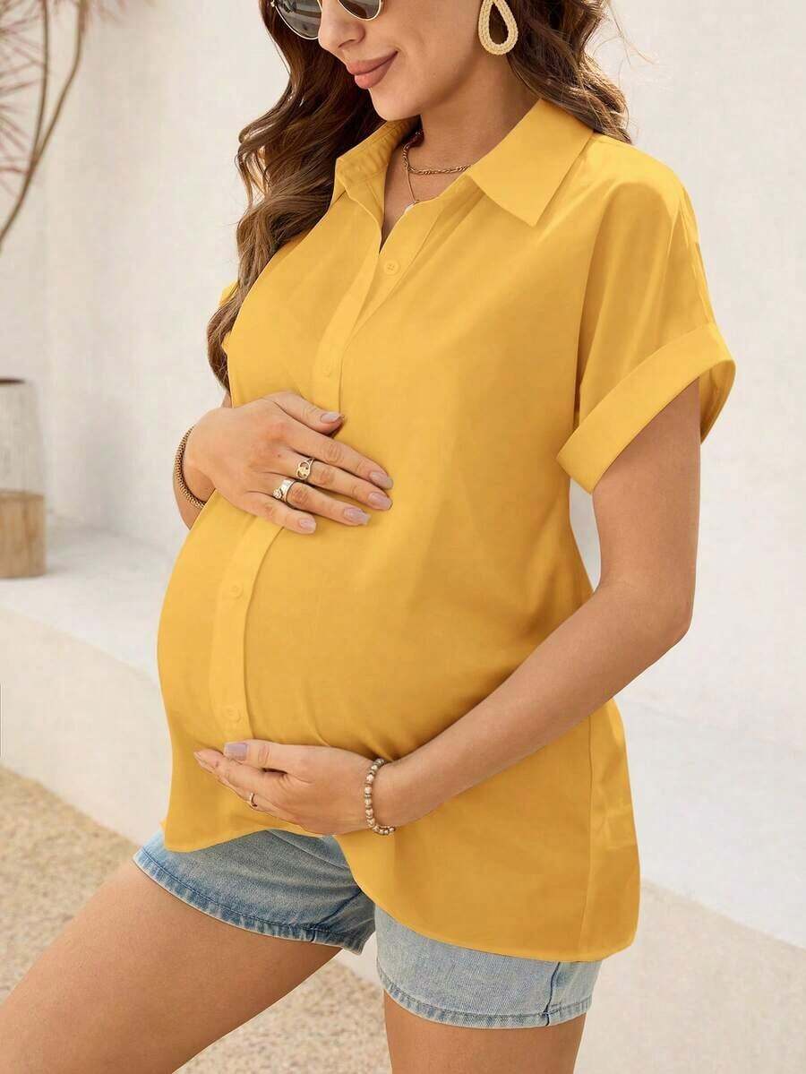 Camisa informal suelta de unicolor de manga corta y abotonadura sencilla para mujeres embarazadas - Amarillo - Ver 1