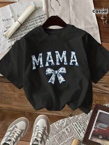 Camiseta Casual de Moda para Mujer, Primavera/Verano, con Estampado de Letras y Lazos Estilo Cartoon, Cuello Redondo, Manga Corta - Negro - Ver 1