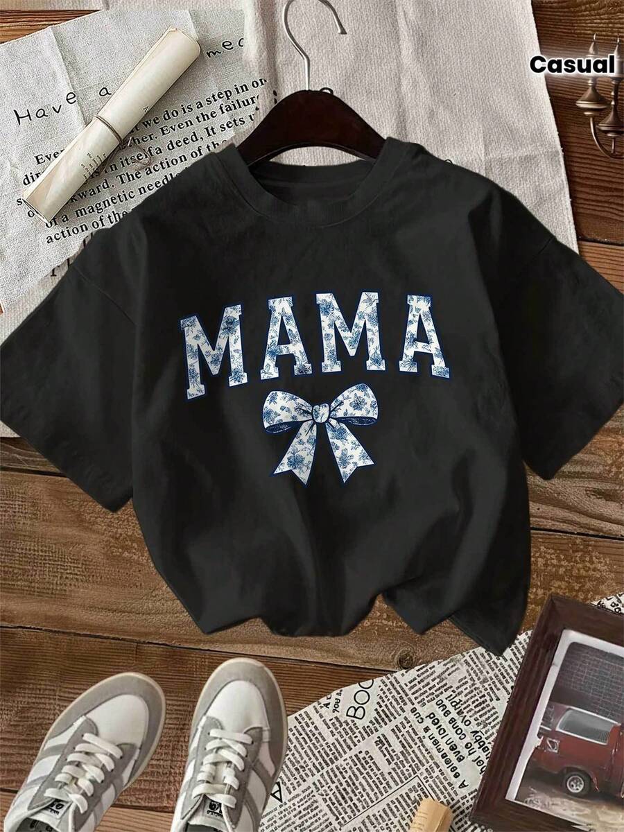 Camiseta Casual de Moda para Mujer, Primavera/Verano, con Estampado de Letras y Lazos Estilo Cartoon, Cuello Redondo, Manga Corta - Negro - Ver 1