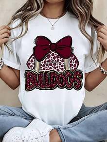 Camiseta de Animadora Bulldog Negra con Lazo Marrón y Diseño de Estampado de Leopardo para Eventos Escolares - Blanco - Ver 1