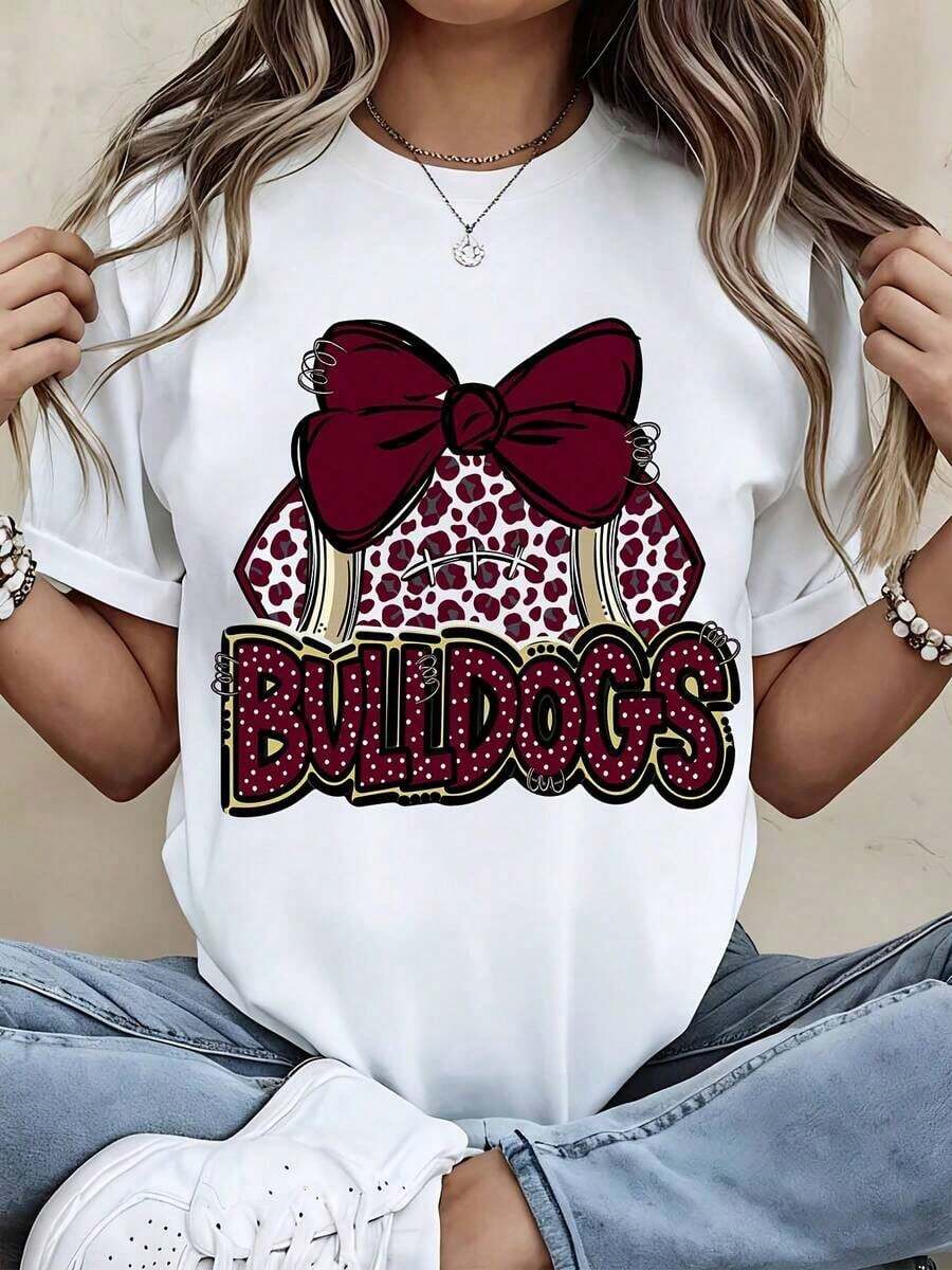 Camiseta de Animadora Bulldog Negra con Lazo Marrón y Diseño de Estampado de Leopardo para Eventos Escolares - Blanco - Ver 1