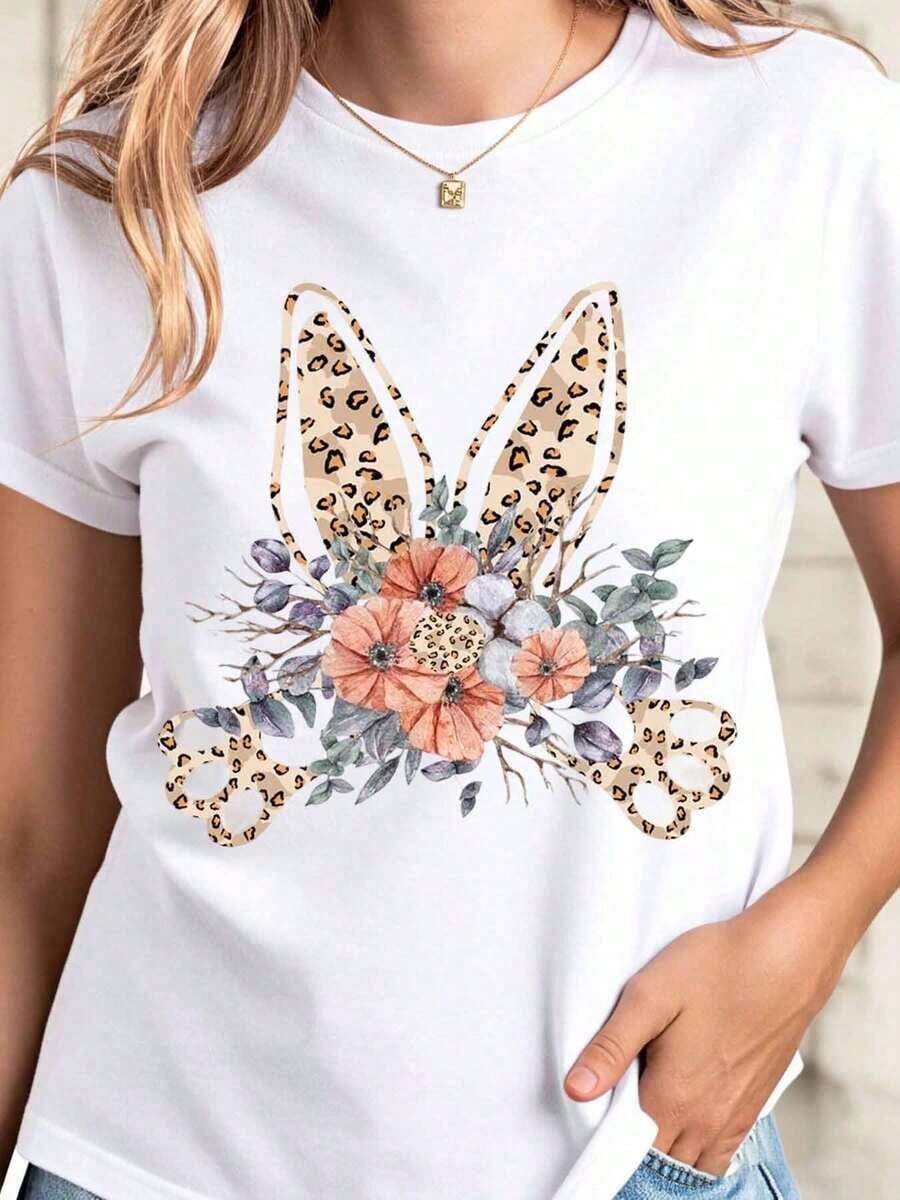 Camiseta de Mujer con Estampado Floral de Leopardo y Orejas de Conejo, Top Casual de Verano, Estilo Boho, Camiseta Gráfica para Mujer - Blanco - Ver 1
