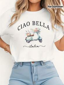 1 camiseta vintage italiana para mujer con estampado floral "CIAO BELLA & ITALIA" - suave, transpirable, ligera, de cuello redondo, manga corta, con frases en italiano y patrón "scokda", camiseta casual unisex de verano, elástica, lavable a máquina, 180g 100% algodón. - Blanco - Ver 2