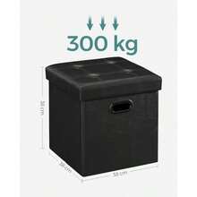SONGMICS Puff Almacenaje de 38 cm, Banco de Almacenamiento Plegable con Tapa, Reposapiés, Carga de 300 kg, MLSF030B01 - Tinta negra - Ver 3