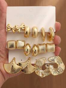 4-16pcs Vintage High-End Metallic Gold Tone Earrings For Women, Multi-Style Design Suitable For Commute, Dating, Versatile, High Polished Gold Plating Craftsmanship, Non-Allergic Material Comfortable Wear, Unlock N Styles In One Set, Best Value - Gold - View 8