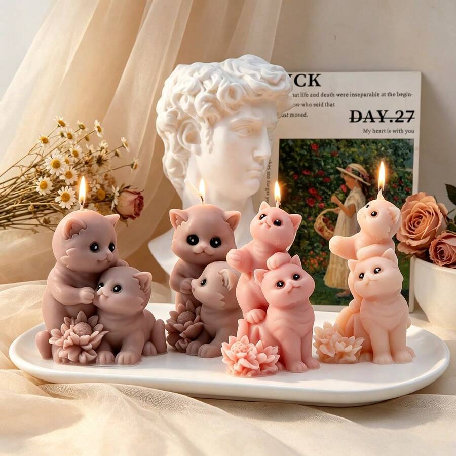 3D可爱拥抱小猫硅胶蜡烛模具，萌猫情侣及母子造型模具，DIY香薰蜡烛、香皂及树脂工艺品，猫咪爱好者家居装饰