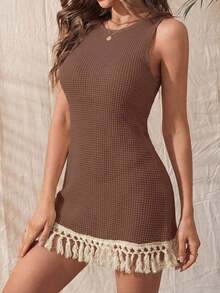 1 pieza Body sin mangas de mujer con textura de malla y flecos largos, estilo elegante - Marrón - Ver 3