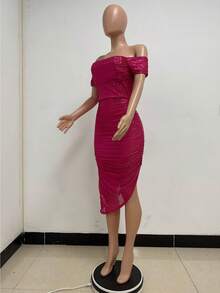 Women's Champagne-Colored Sequined Dress, Off-Shoulder Draped Design, Asymmetrical Side Slit, Stretchy Shiny Fabric Ideal For Summer Parties, Weddings As A Guest And Elegant Outdoor Dinners, Sexy Glamorous Style Perfect For Celebrations And Formal Events - 玫紅色 - 查看 2