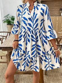 LUNE Vestido de verano de mujer con base blanca y estampado de hojas azules, cuello alto y manga 3/4 tipo patinadora - Multicolor - Ver 7