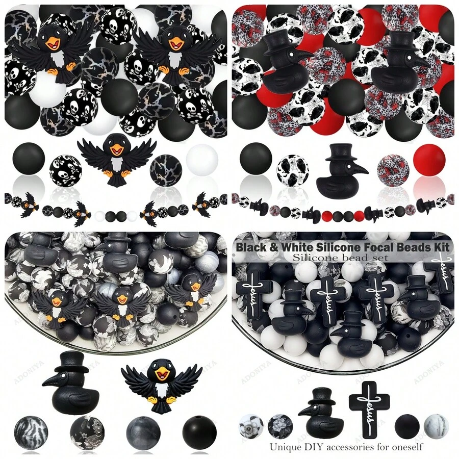 25/28PCS 3D Dark Raven Combination Silicone Bead Set, Includes Top Hat Raven And Spread Wing Cartoon Raven Shapes, Gothic Style, With 15mm Black Flower And Gray Striped Printed Beads, Black And Pearl Gray Beads Combination, Fashionable Design, Jewelry Making Beads, Ideal For DIY Bracelets, Lanyards, Pen Accessories, Holiday Decorations And Other Handicrafts - Perfect Gift For Holidays And Birthdays
