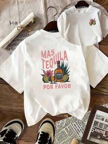 Mother's Day Mama Bear Print T-Shirt, Fashionable Letter Print, Crew Neck, Double-Sided Print, Short Sleeve, Casual Crew Neck T-Shirt, Breathable And Machine Washable Fabric, Suitable For All Seasons, Easy Care Garment, Versatile Clothing, Comfortable Material, Made Of Elastic Polyester Fiber - Unisex Loose Cotton Short Sleeve Crew Neck T-Shirt. - 白色 - 查看 1