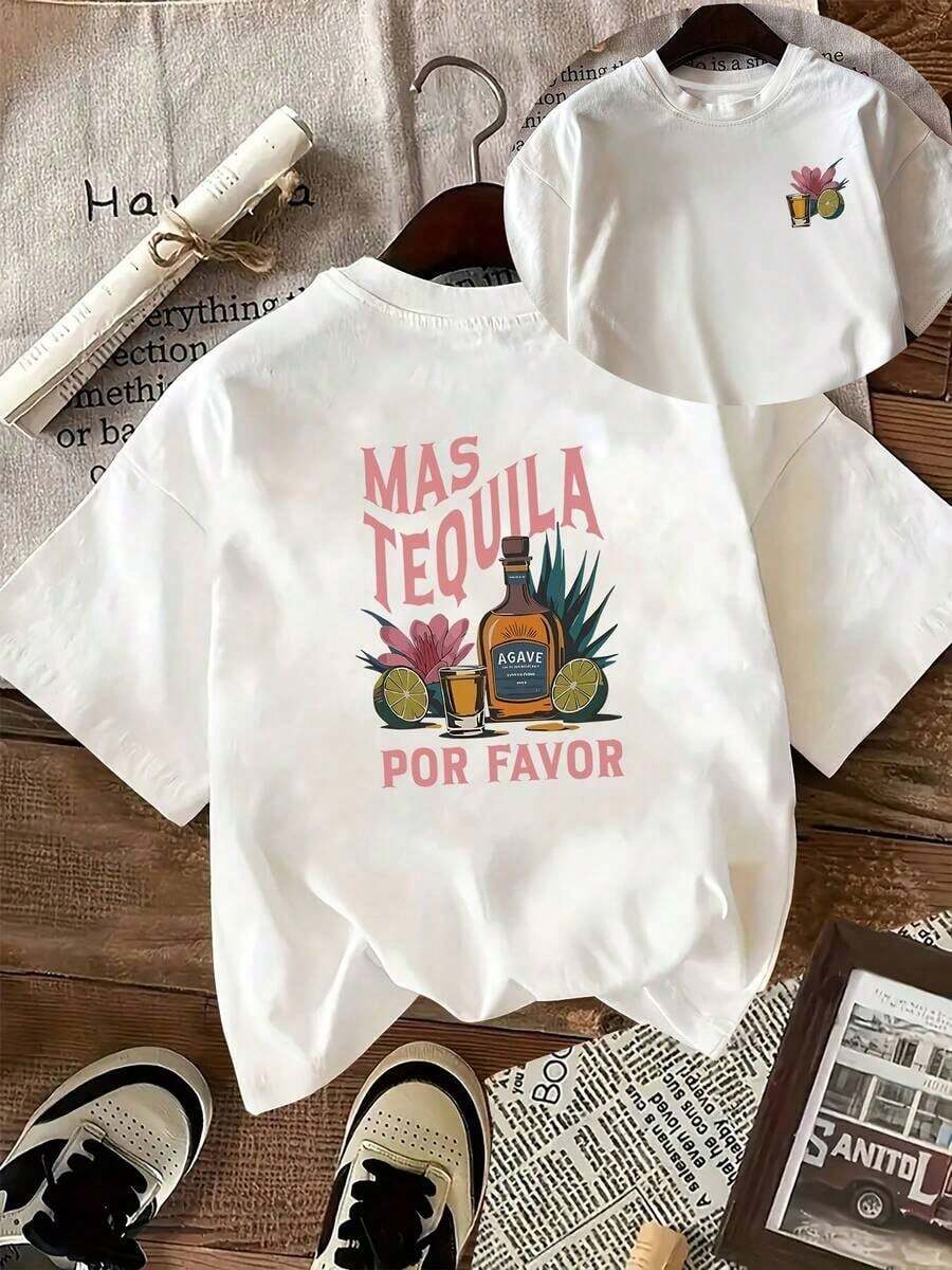 Mother's Day Mama Bear Print T-Shirt, Fashionable Letter Print, Crew Neck, Double-Sided Print, Short Sleeve, Casual Crew Neck T-Shirt, Breathable And Machine Washable Fabric, Suitable For All Seasons, Easy Care Garment, Versatile Clothing, Comfortable Material, Made Of Elastic Polyester Fiber - Unisex Loose Cotton Short Sleeve Crew Neck T-Shirt. - 白色 - 查看 1