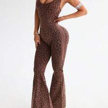 Slayform 1pc Leopard Print Twisted Back Deep V Flare Jumpsuit Leopard Jumpsuit Flared Leggings Jumpsuit Flare Yoga Jumpsuit Pink Leopard Print Jumpsuit Pink Cheetah Print Jumpsuit Flared Cheetah Print Jumpsuit Jumpsuit For Women Workout - Rosa Pálido - Ver 6
