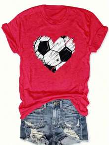 1 Women's Heart Print Soccer Jersey - Green, Casual, Crew Neck, Black And White Soccer Print, Soft Polyester Fabric, Regular Fit For All Seasons, Perfect For Sports Fans And Enthusiasts, Sports Fan Apparel. | Soccer Themed Clothing | Ficool Comfortable - 紅色 - 查看 1