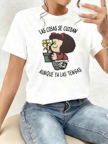 Inspirational Phrase About Caring For And Appreciating What You Have With A Cute Drawing Holding A Flower, Double-Sided Women's T-Shirt With A Positive Message, Comfortable Clothing. - 白色 - 查看 1