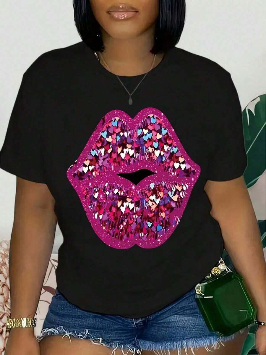 Lip Print T-Shirt, Short Sleeve, Round Neck, Casual Top, Summer And Spring, Women's Clothing, Women's T-Shirts - 黑色 - 查看 1